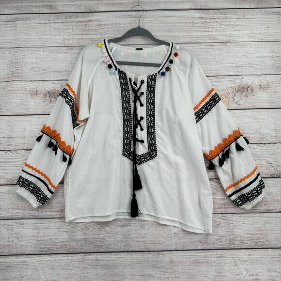 Dodo Bar Or Embroidered Puff Ball Collar Blouse Womens Large White Black - Picture 1 of 10